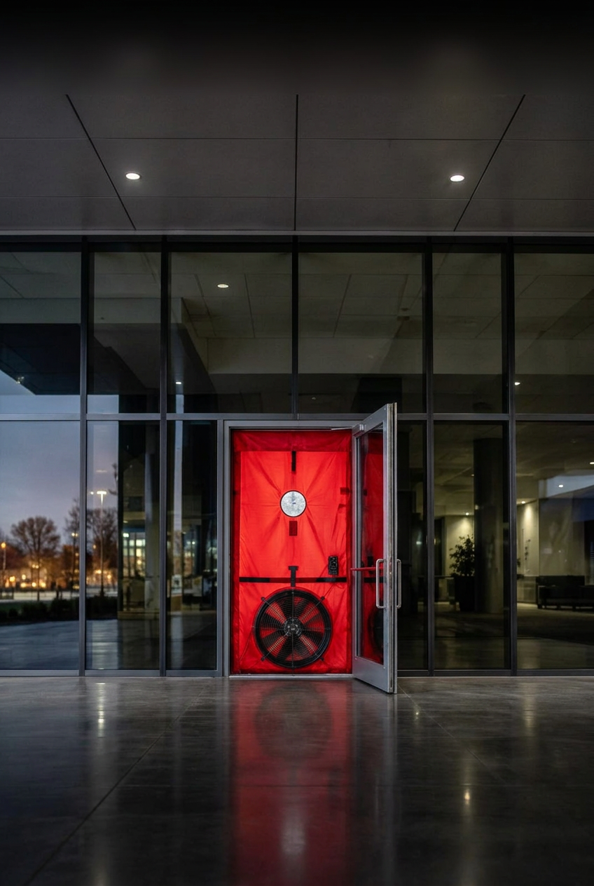 Red blower door fan panel in the open entrance doorway of a commercial lobby at dusk, glass door swung open