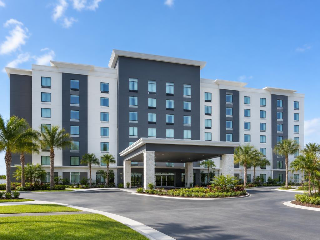 Contemporary multistory hotel with a covered entrance