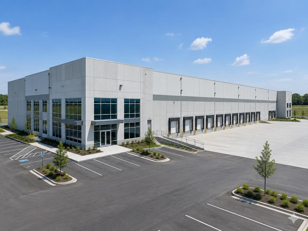 Large distribution warehouse with loading docks and an office entrance