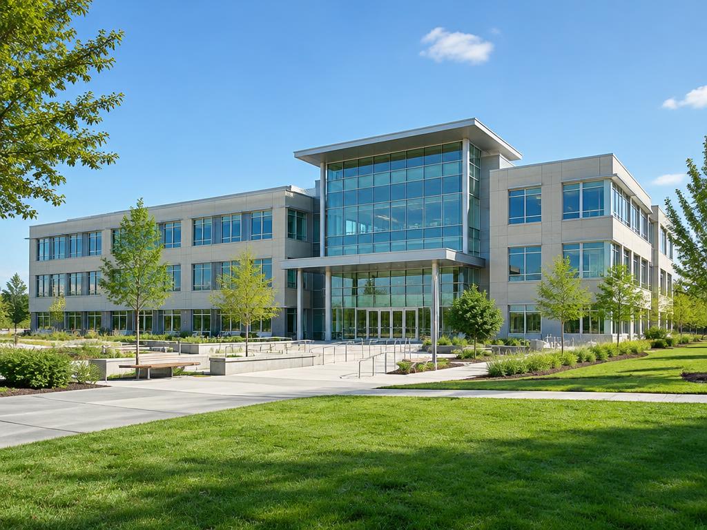 Modern institutional campus building with an accessible landscaped entrance