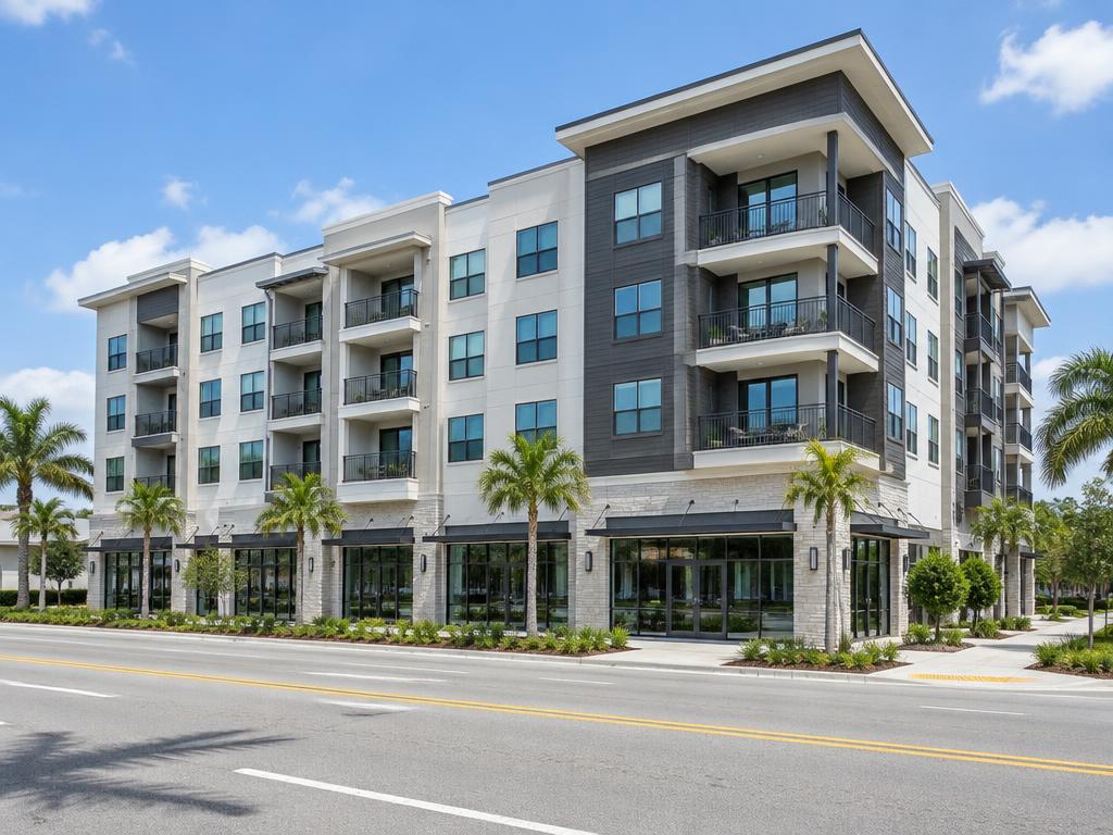 Modern apartment building with balconies and ground-floor commercial spaces
