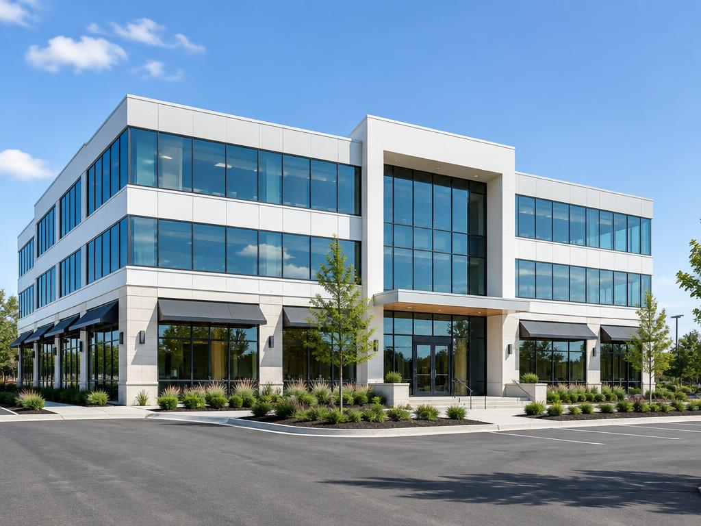 Glass-fronted office building with ground-floor storefronts