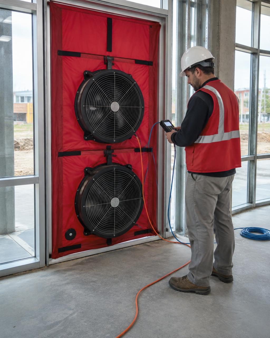 Technician checking pressure instrumentation beside a sealed commercial doorway with two testing fans